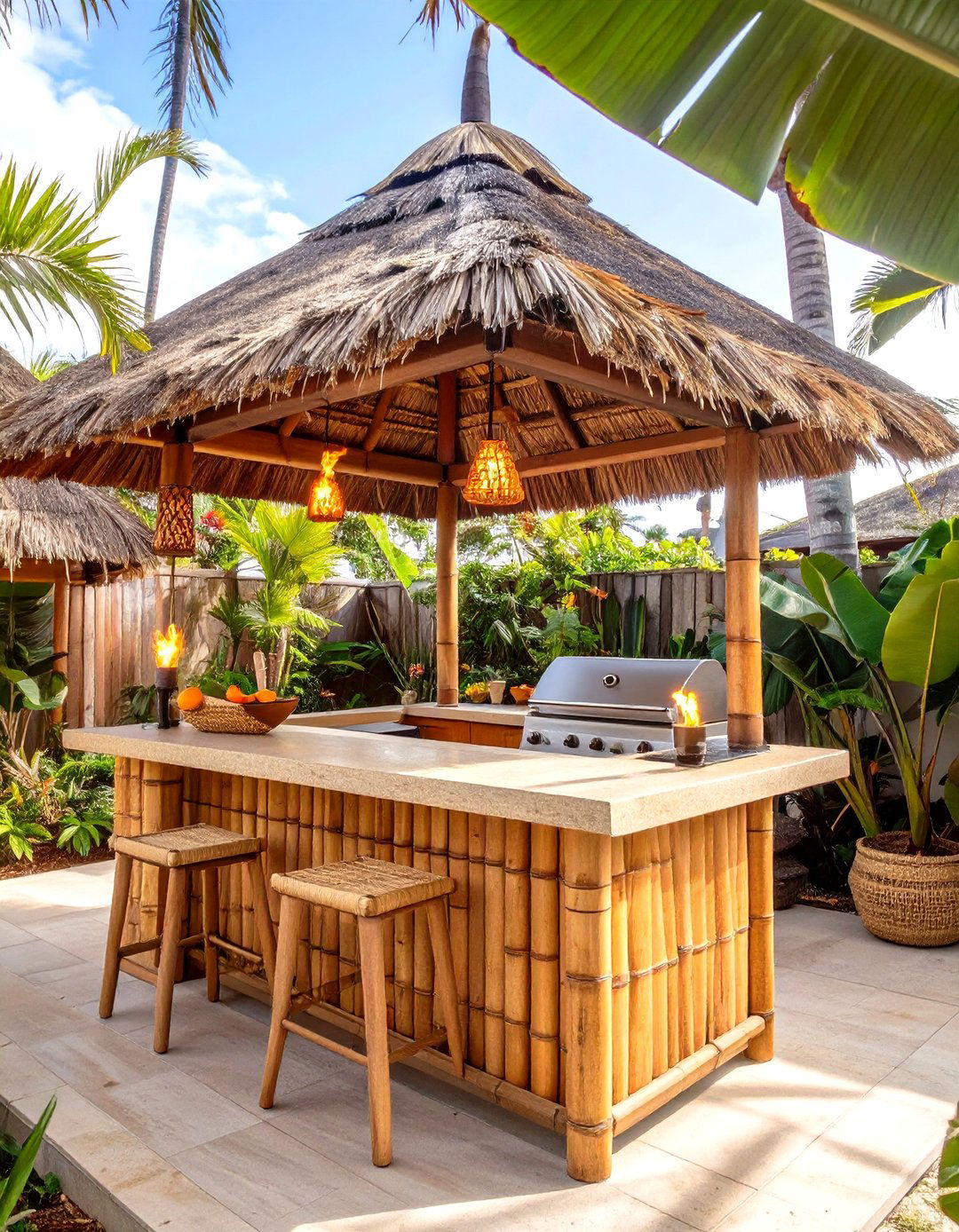 A Bamboo and Tiki Inspired Outdoor Kitchen - 30 cheap simple outdoor kitchen ideas