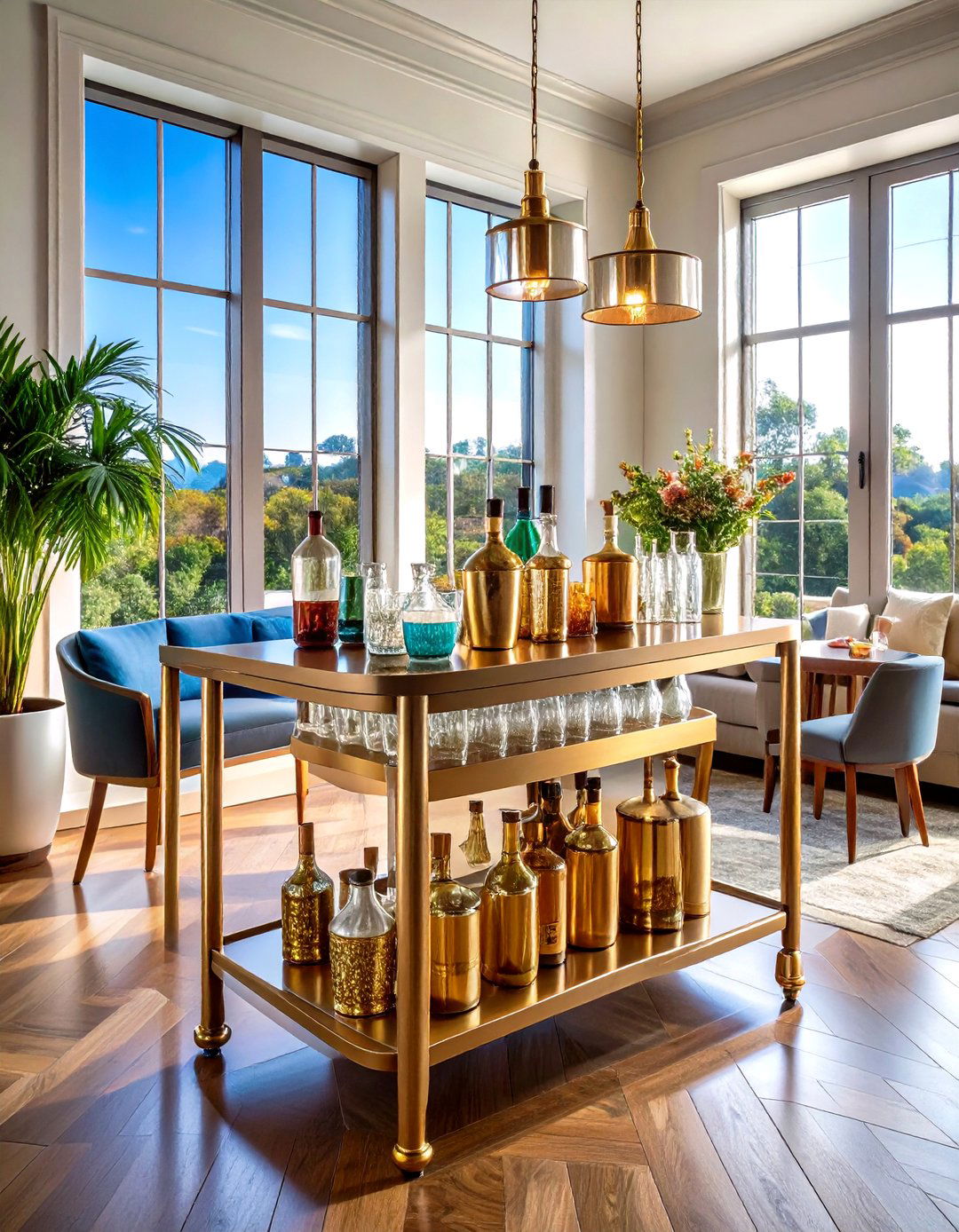 A Bar Cart and Cocktail Station - 30 living room bay window ideas