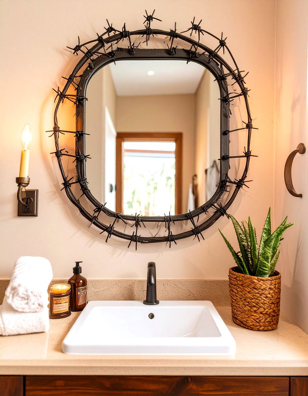 A Barbed Wire Themed Mirror Frame - 30 western bathroom ideas