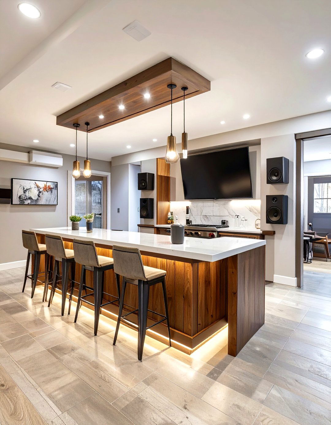 A Basement Bar with Integrated Entertainment - 30 basement wet bar ideas