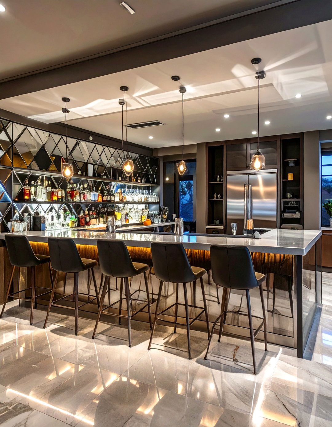 A Basement Bar with a Mirrored Backsplash - 30 basement bar designs