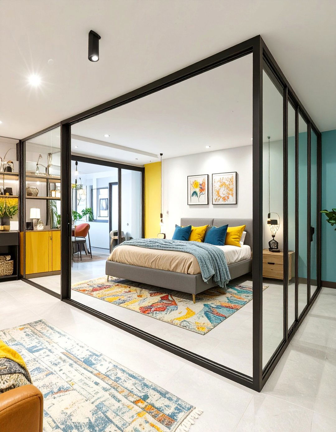 A Basement Bedroom with a Glass Wall Partition - 30 basement bedroom ideas