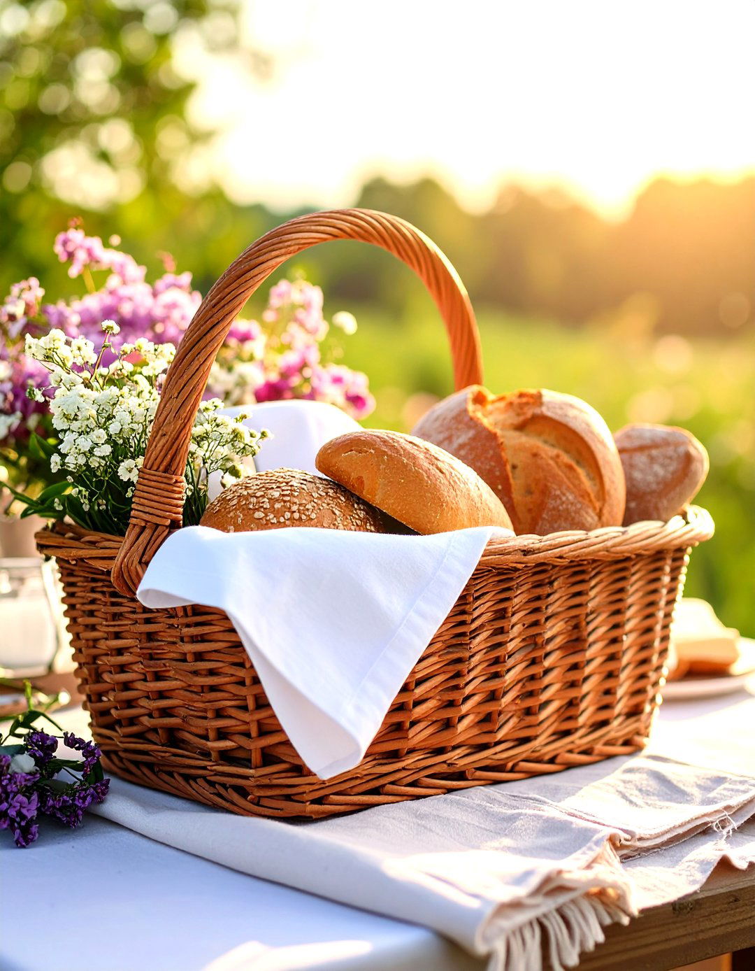 A Basket of Fresh Bread and Linens - 30 outdoor table decor ideas