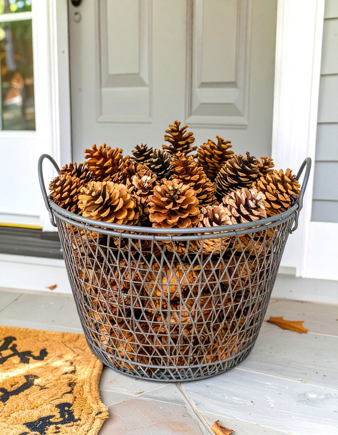A Basket of Pinecones by the Door - 30 outdoor fall decor ideas