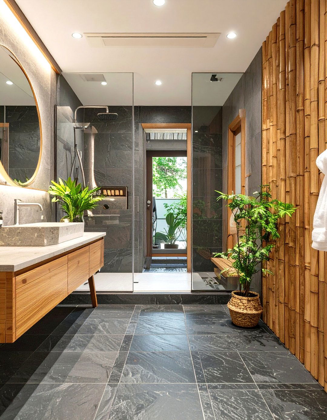 A Bathroom Featuring Natural Stone and Bamboo - 30 japanese house design ideas