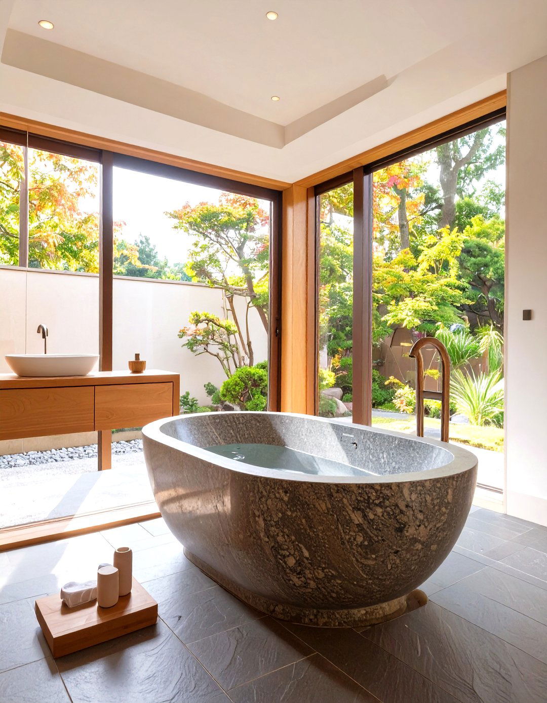 A Bathroom Featuring a Stone Soaking Tub - 30 modern japanese interior design ideas