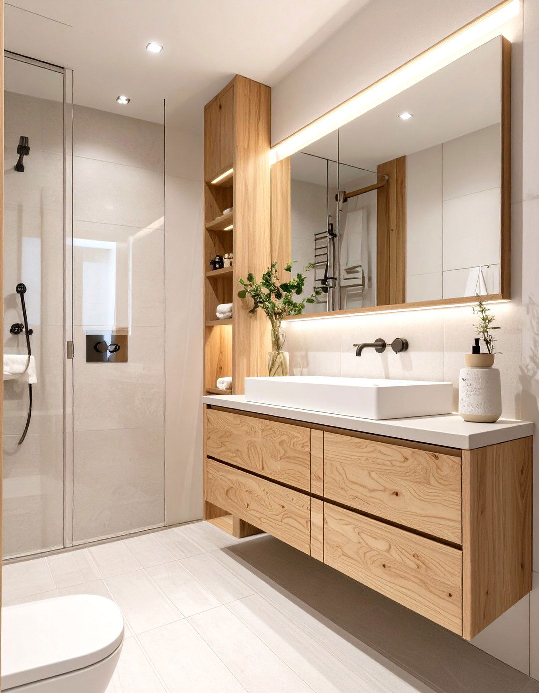A Bathroom with Floating Vanity and Storage - 30 japan bathroom design ideas