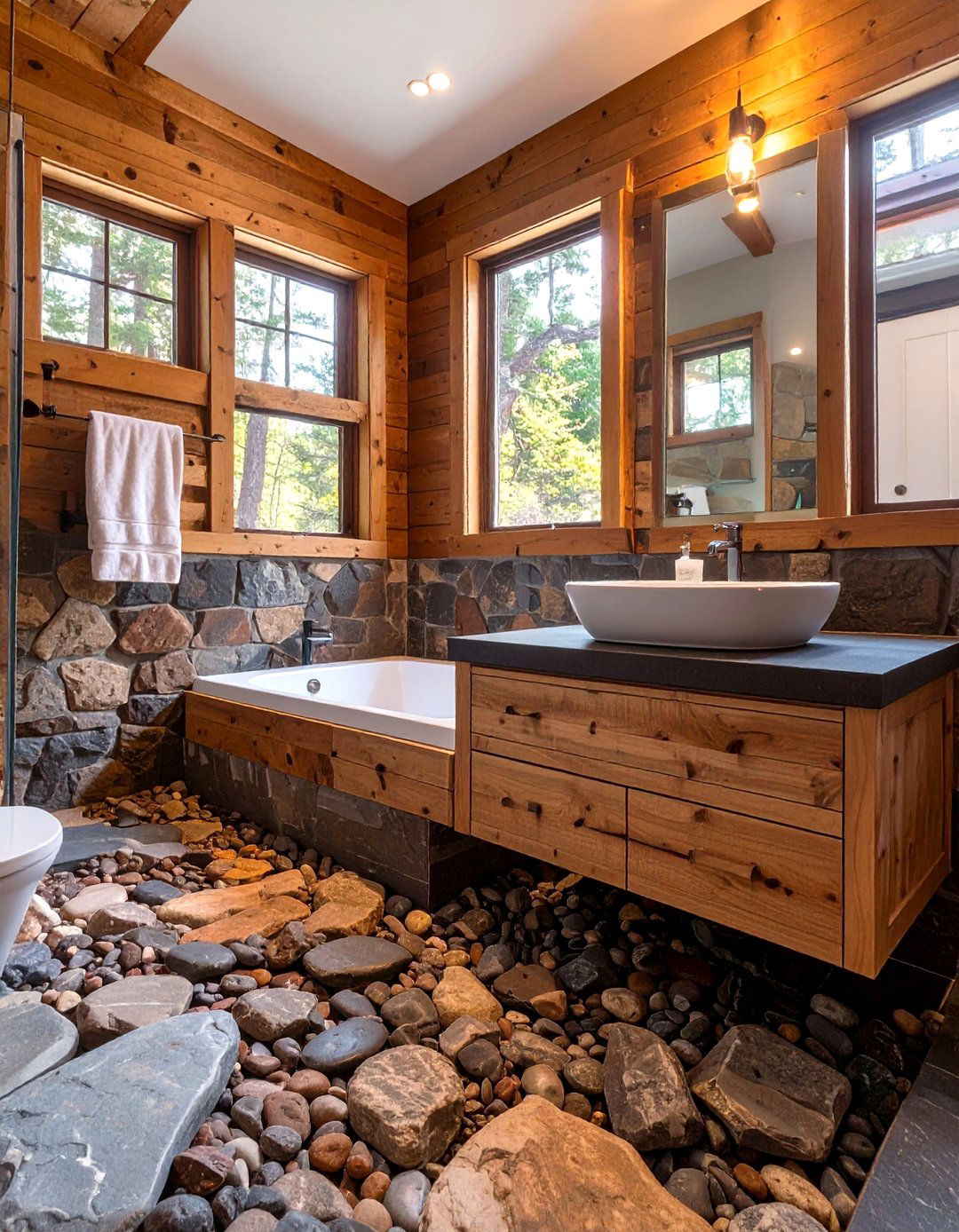 A Bathroom with Heated Stone Floors - 30 cabin bathroom ideas