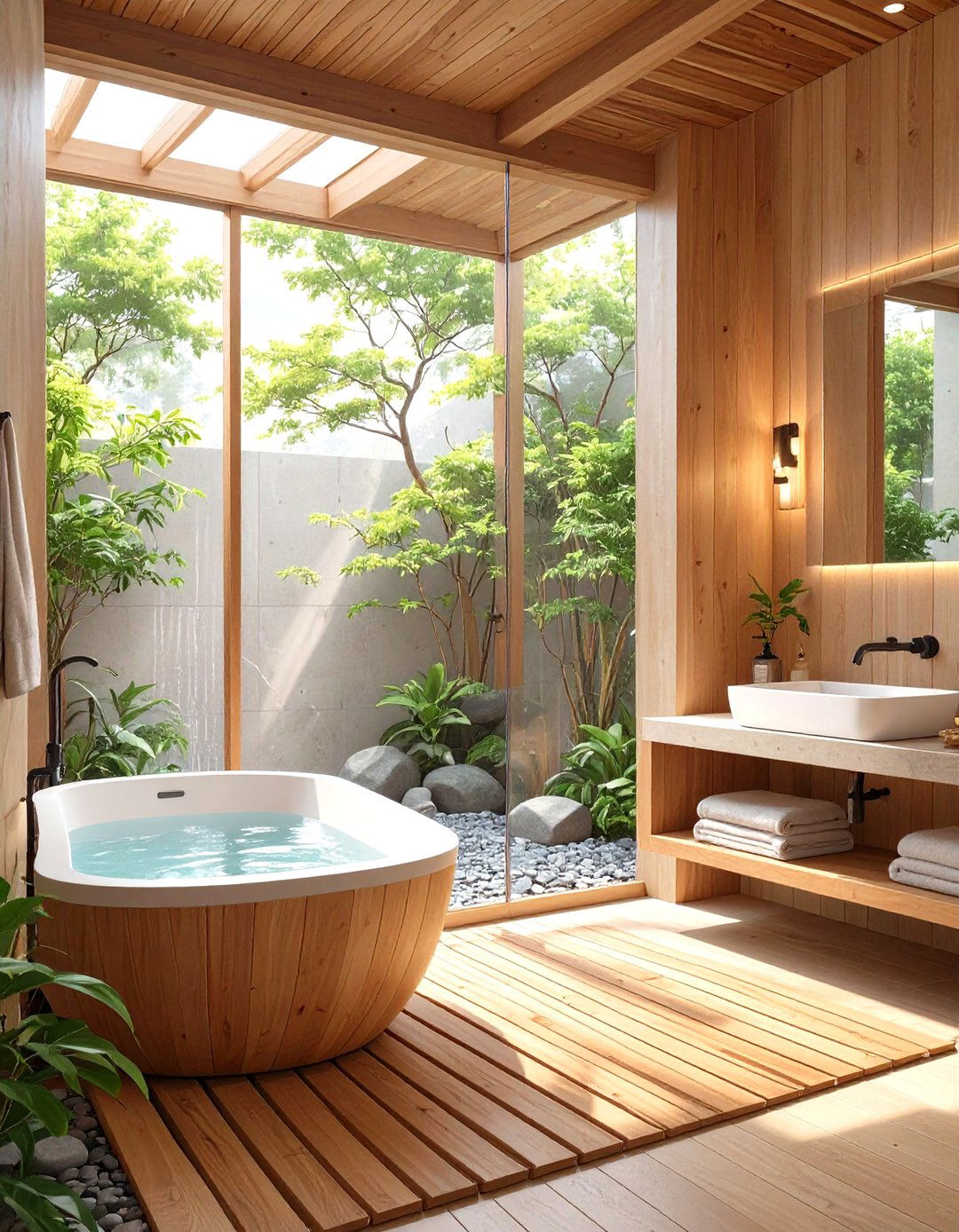 A Bathroom with Hinoki Wood Elements - 30 modern japanese interior design ideas