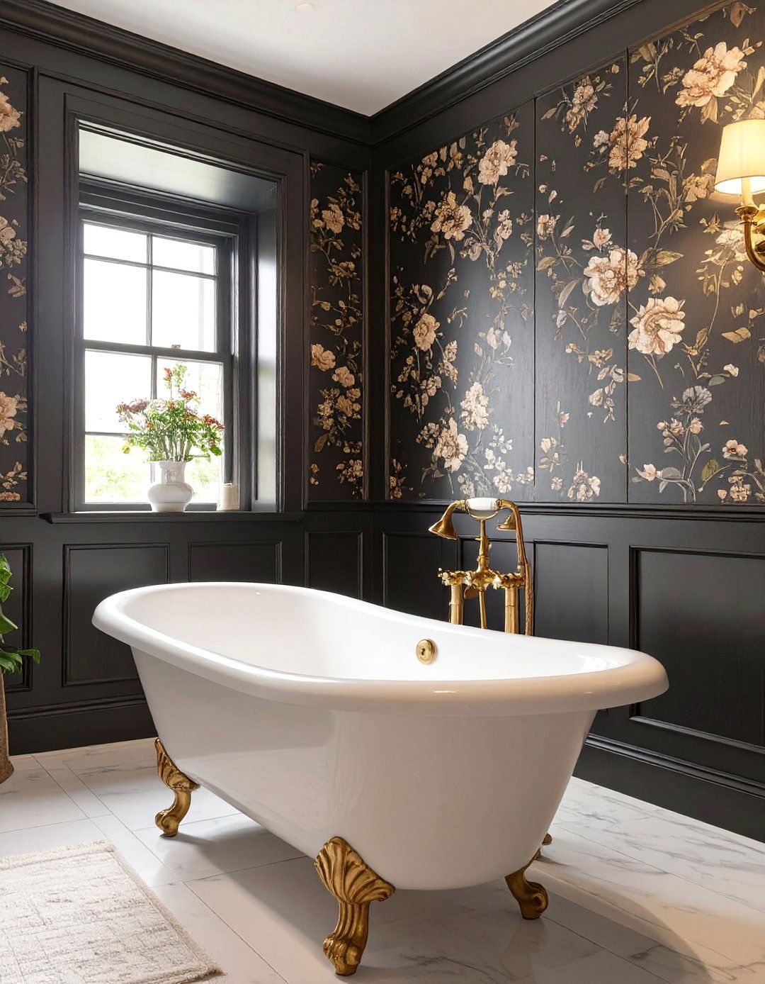 A Bathroom with Moody Tudor Paneling - 30 dark academia interior design ideas