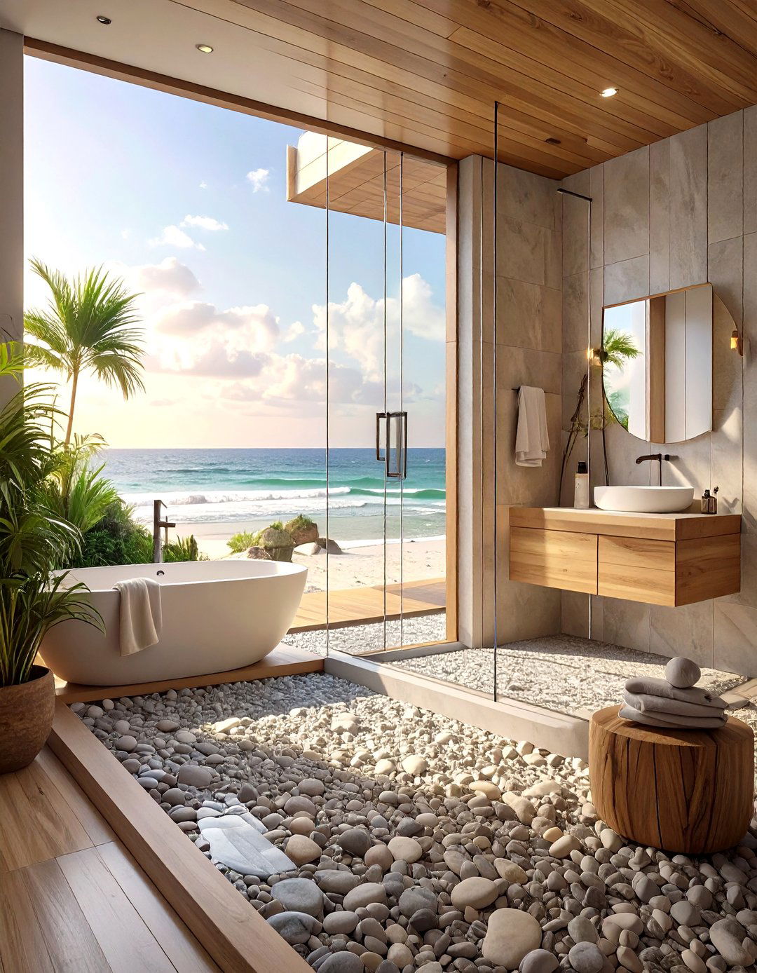 A Bathroom with Pebble Stone Floors - 30 coastal interior design ideas