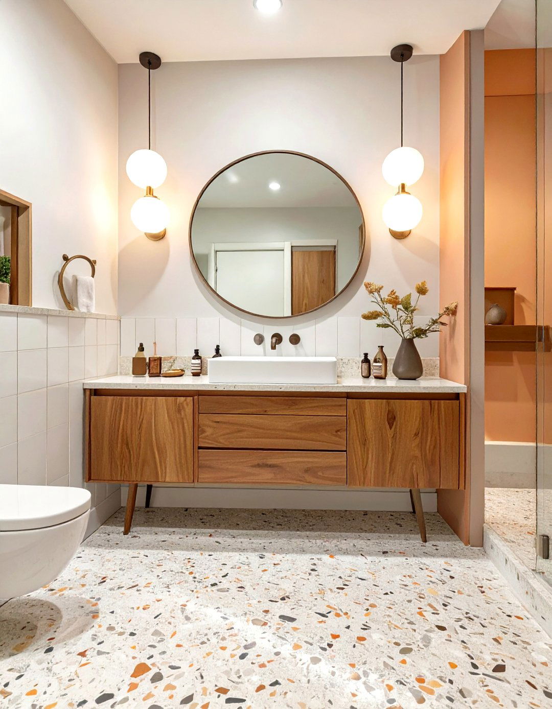 A Bathroom with Terrazzo and Wood Accents - 30 mcm interior design ideas