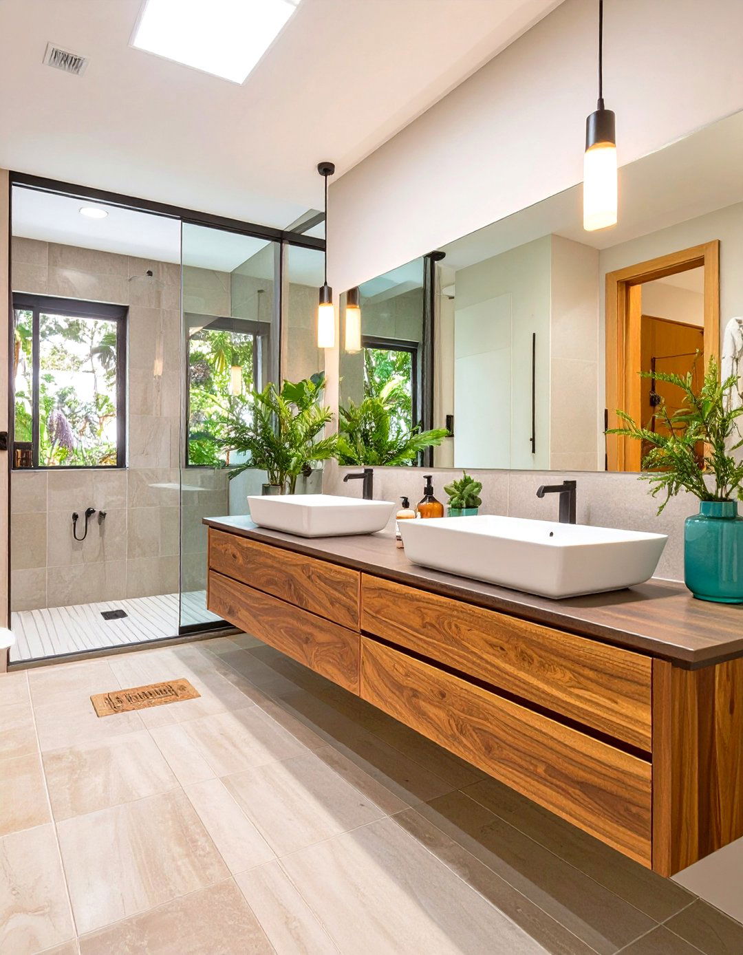 A Bathroom with a Floating Double Vanity - 30 mcm interior design ideas