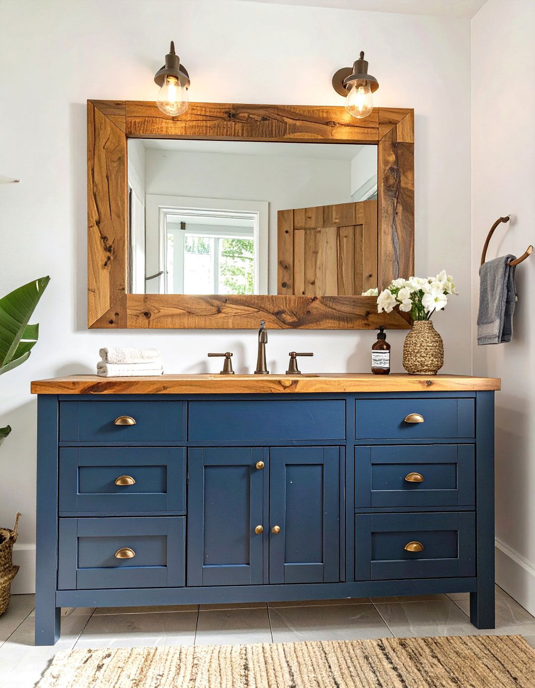 A Bathroom with a Navy Vanity and Wood Accents - 30 navy blue vanity bathroom ideas