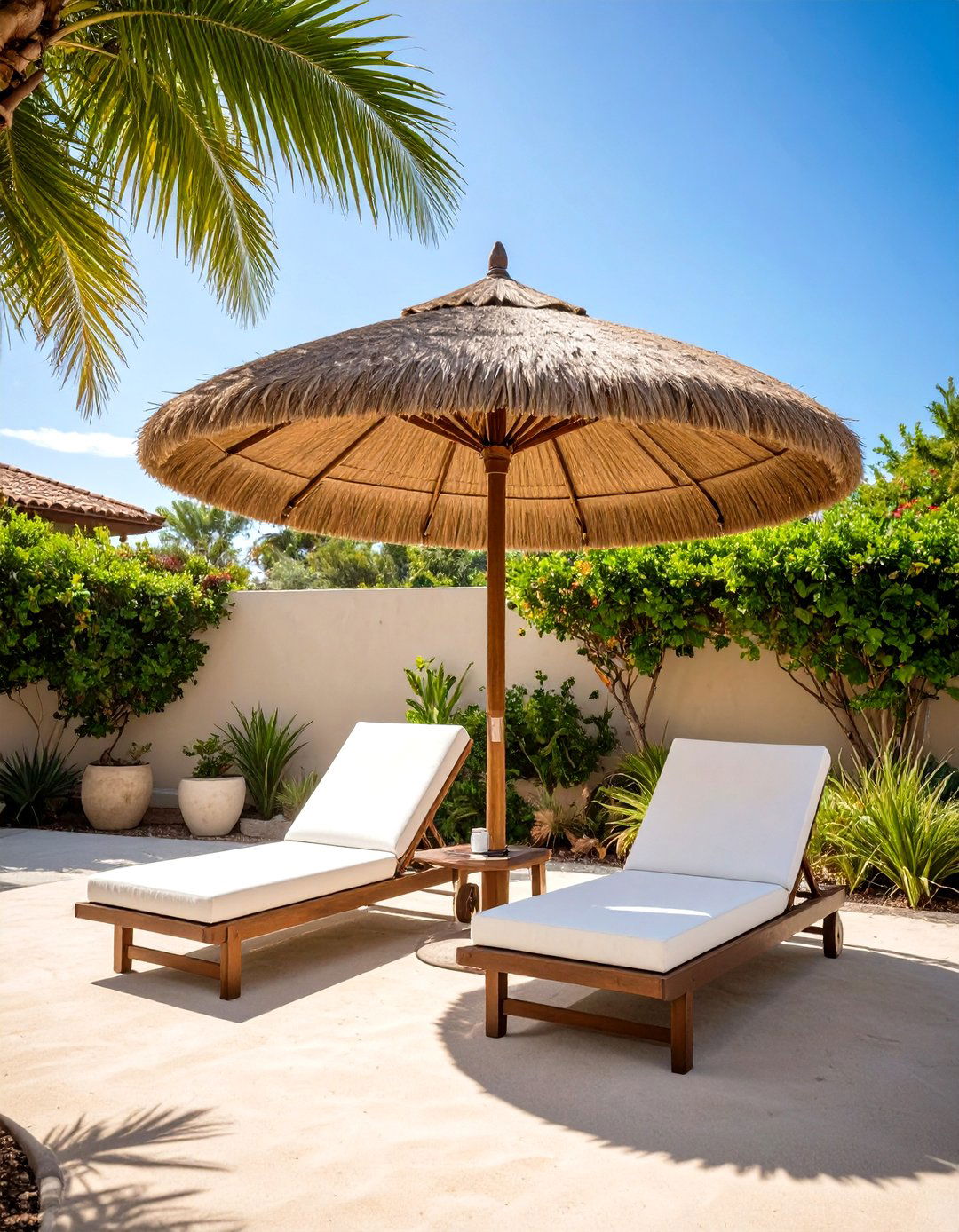 A Beachy Thatched Umbrella Look - 30 inexpensive patio shade ideas