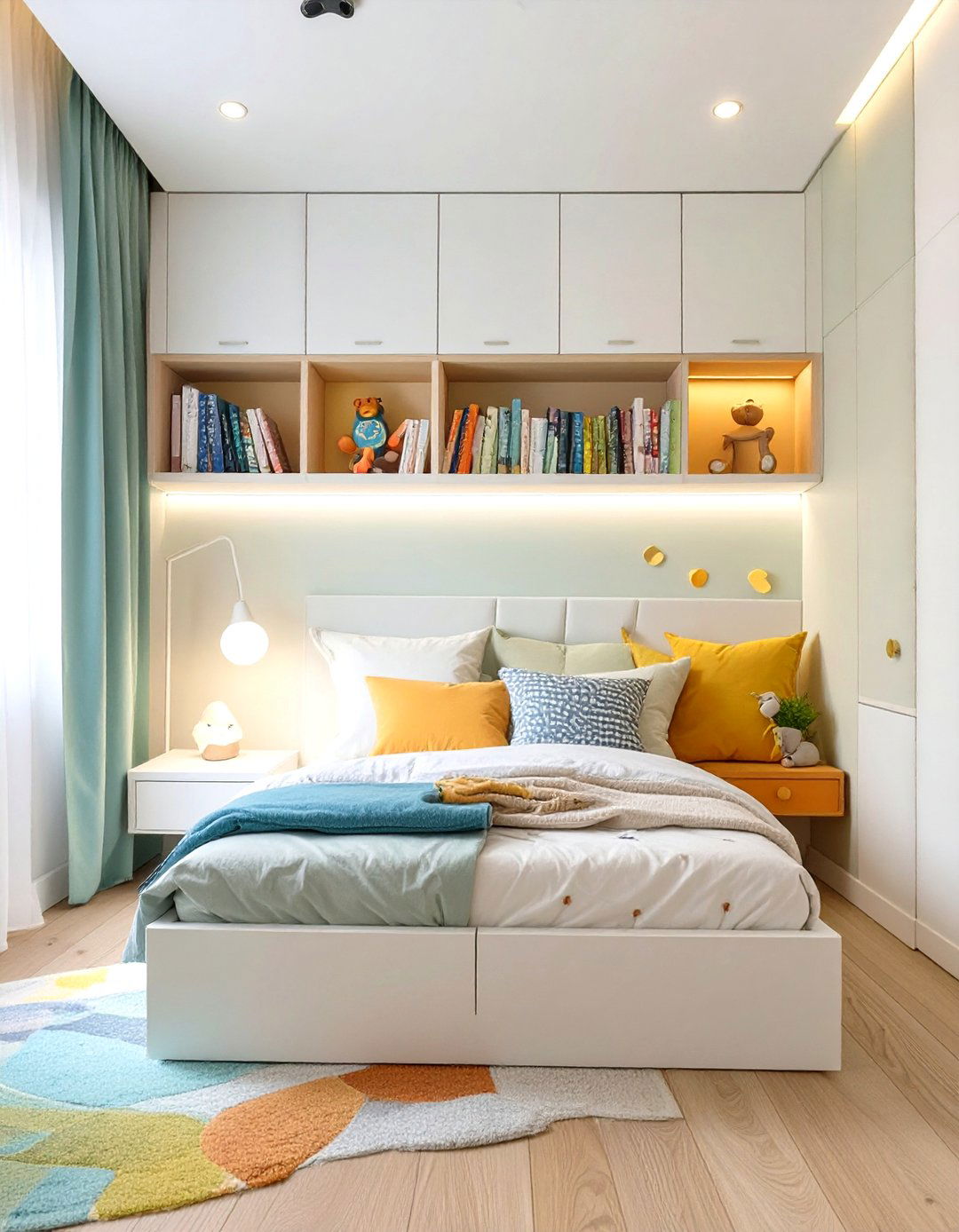 A Bed with a Built in Headboard Storage - 30 small kids bedroom ideas
