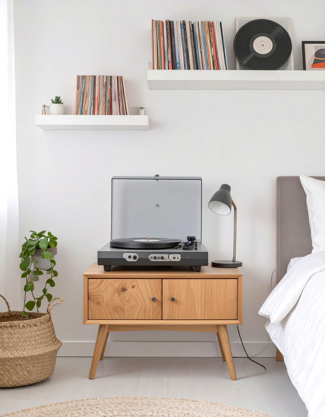 A Bedroom Highlighting a Record Player and Vinyl Display - 30 teenage girl girls bedroom ideas