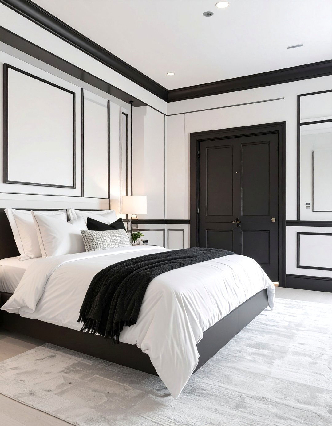 A Bedroom with Black Trim and Doors - 30 black and white bedroom ideas