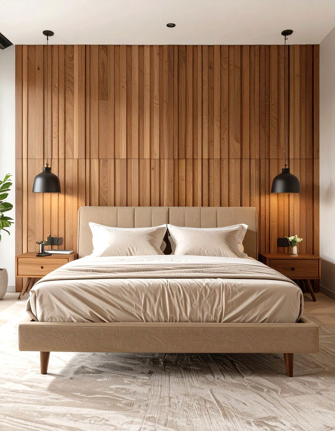 A Bedroom with Slatted Wood Wall Features - 30 mid century modern bedroom ideas