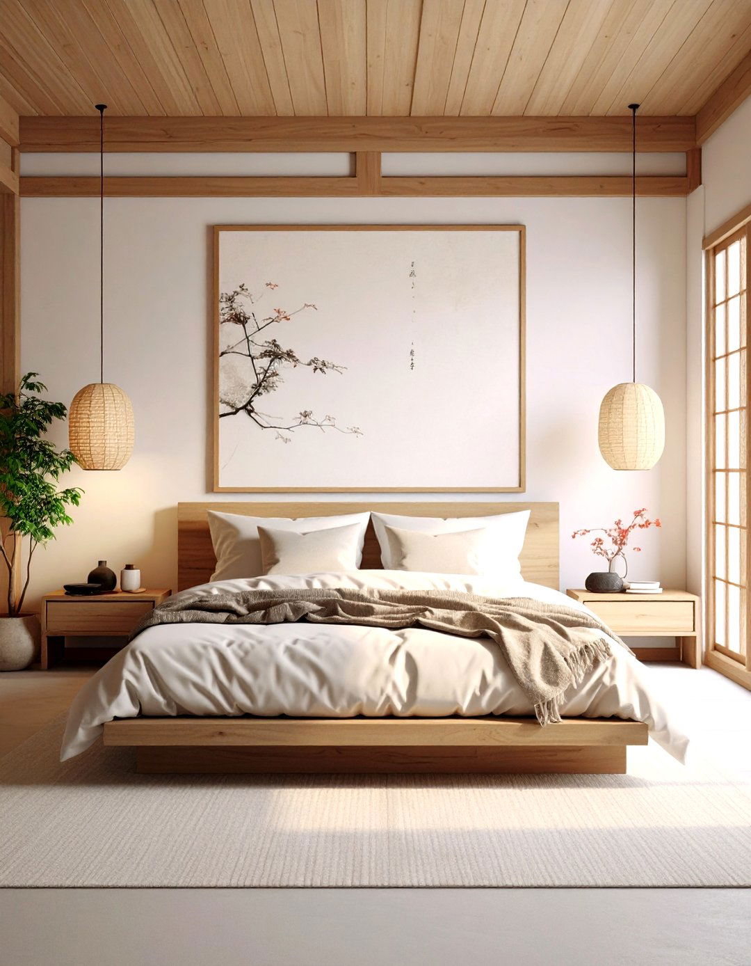 A Bedroom with Washi Paper Art - 30 japanese bedroom design ideas