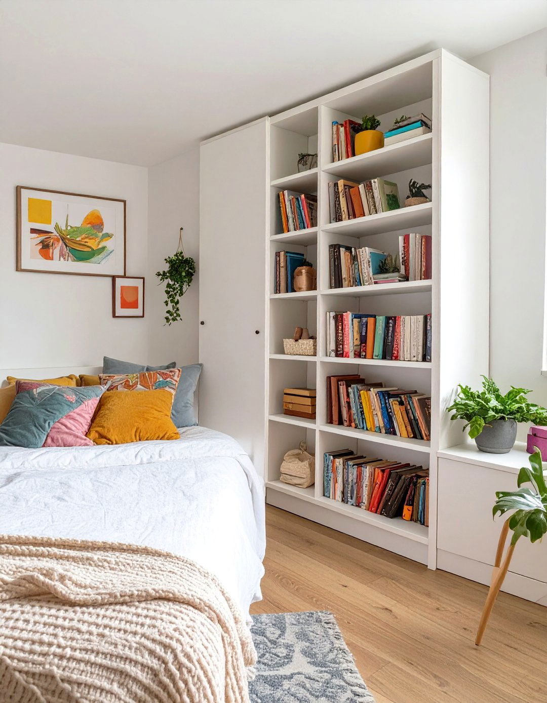 A Bedroom with a Bookshelf Room Divider - 30 teenage girl girls bedroom ideas