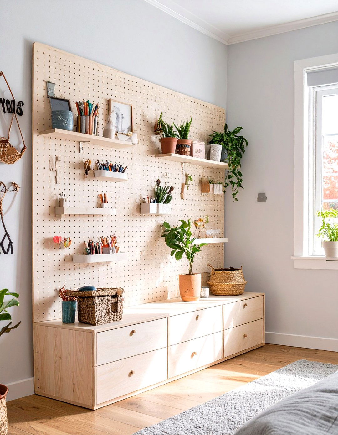 A Bedroom with a DIY Plywood Pegboard Organizer Wall - 30 teen girls bedroom ideas