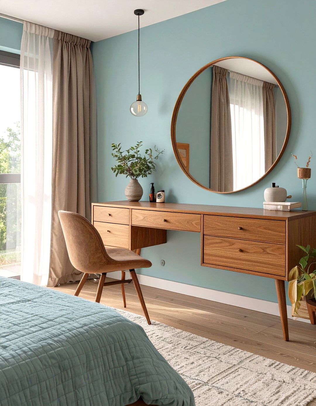A Bedroom with a Floating Vanity Desk - 30 mid century modern bedroom ideas