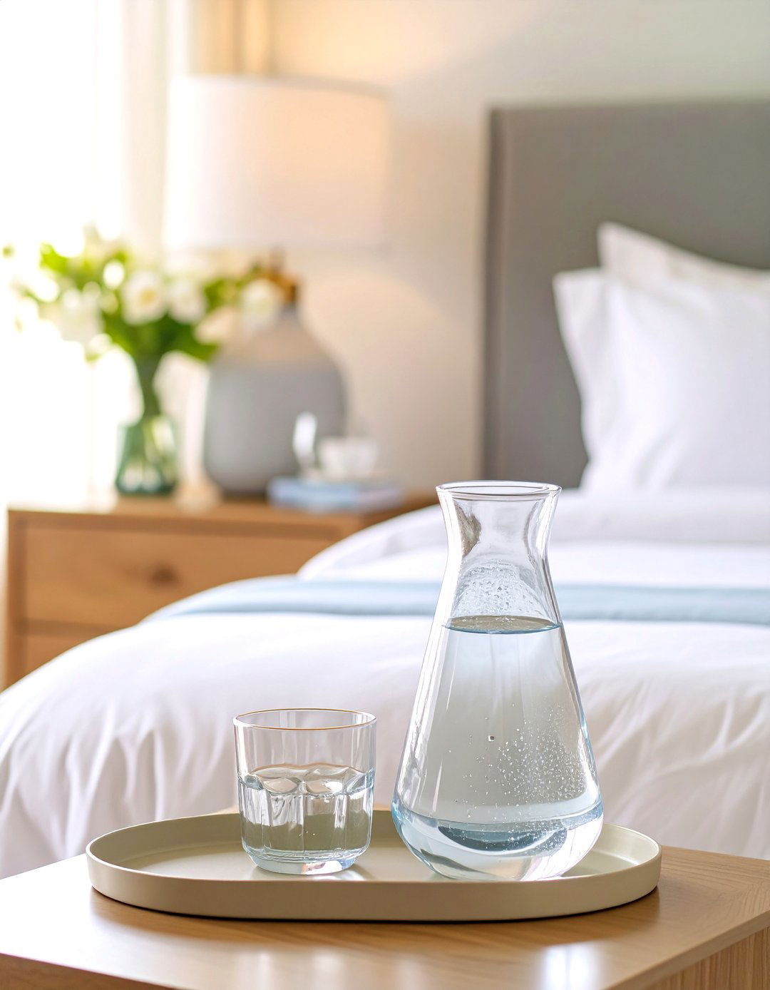 A Bedside Water Carafe Set - 30 small guest bedroom ideas on a budget