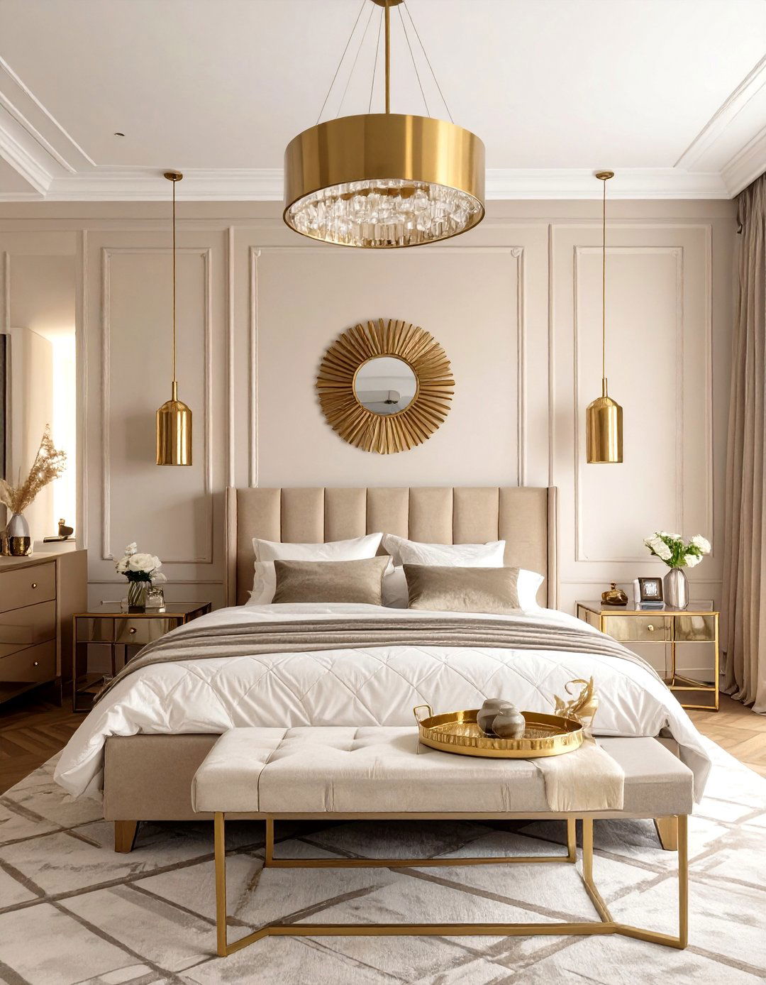 A Beige Bedroom with Gold Accents - 30 modern beige bedroom ideas