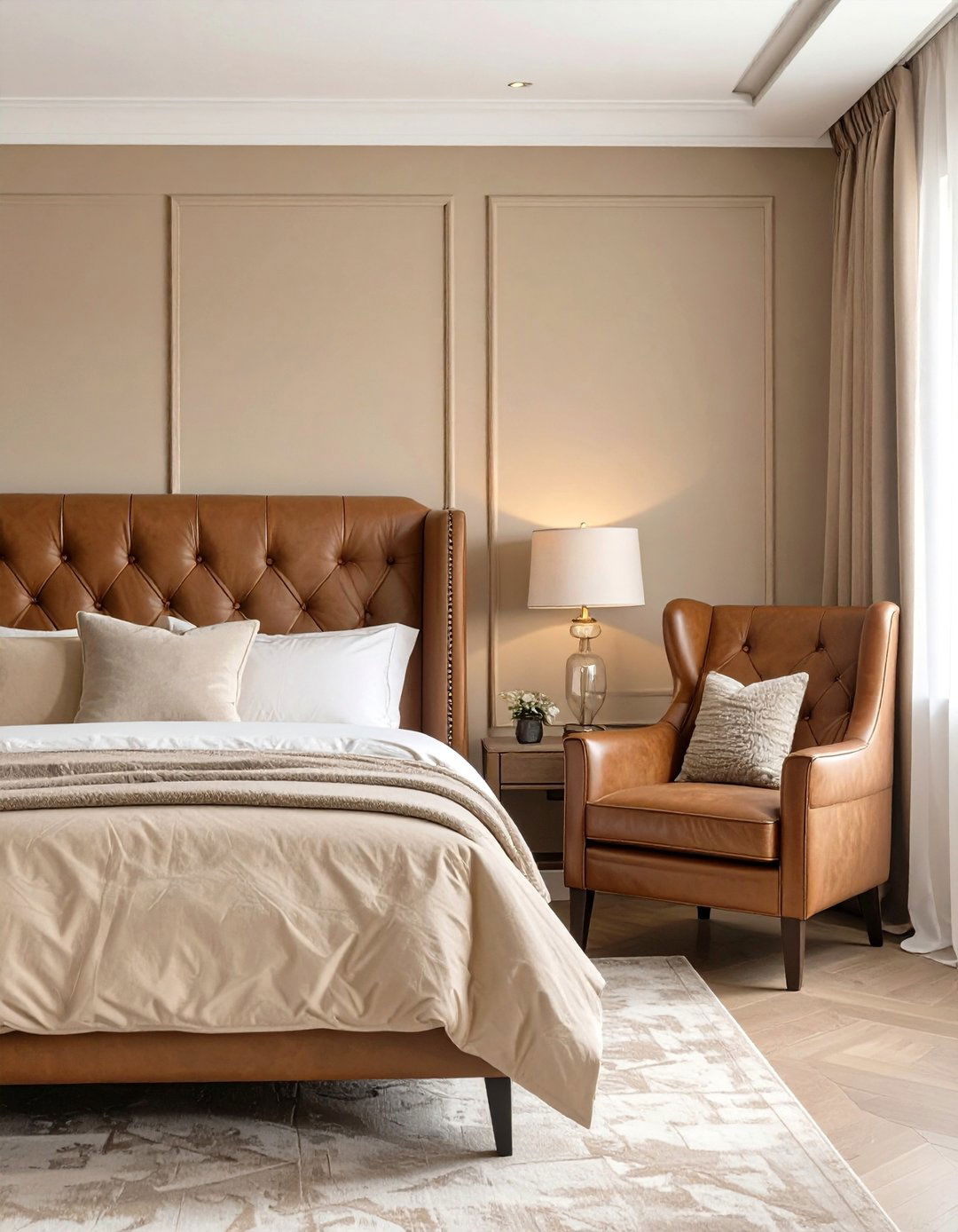 A Beige Bedroom with Leather Accents - 30 modern beige bedroom ideas