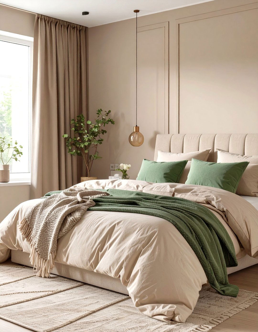 A Beige Bedroom with Sage Green Accents - 30 modern beige bedroom ideas