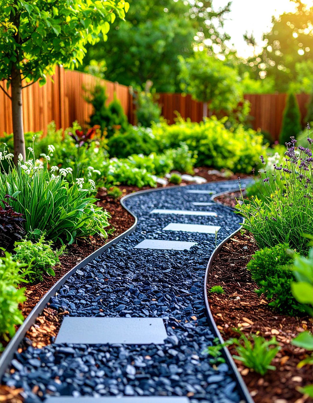 A Black Mulch and Bright Green Garden Pathway - 30 garden pathway ideas