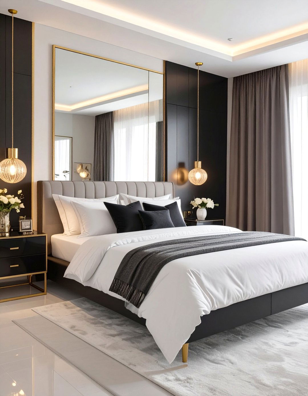 A Black and White Bedroom with Metallic Accents - 30 black and white bedroom ideas