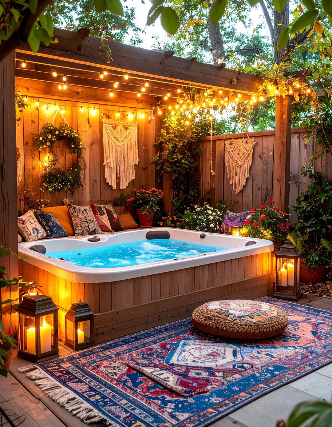 A Bohemian Chic Hot Tub Nook - 30 backyard hot tub privacy ideas
