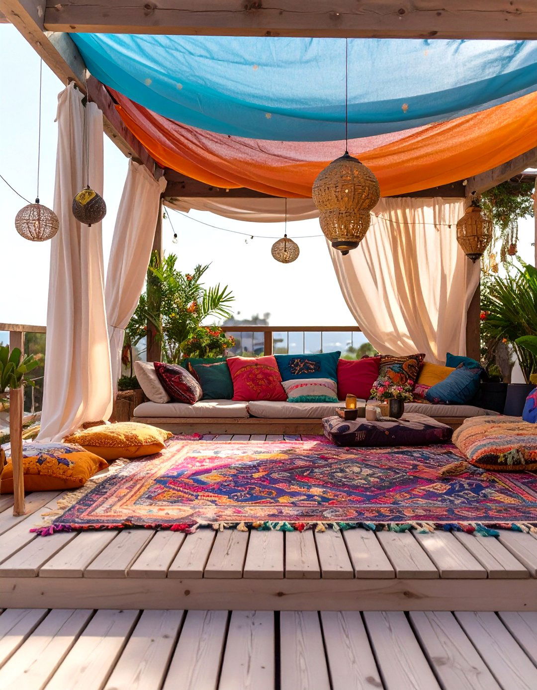 A Bohemian Fabric Draped Deck - 30 inexpensive deck ideas
