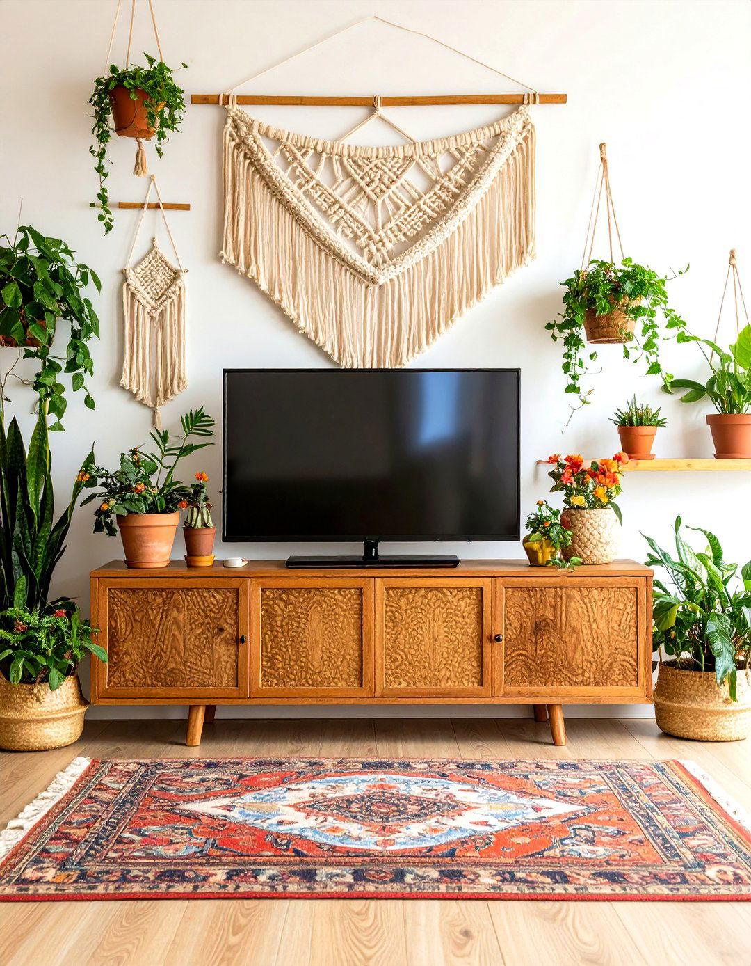A Bohemian Living Room with a TV Amidst Nature - 30 living room ideas with tv
