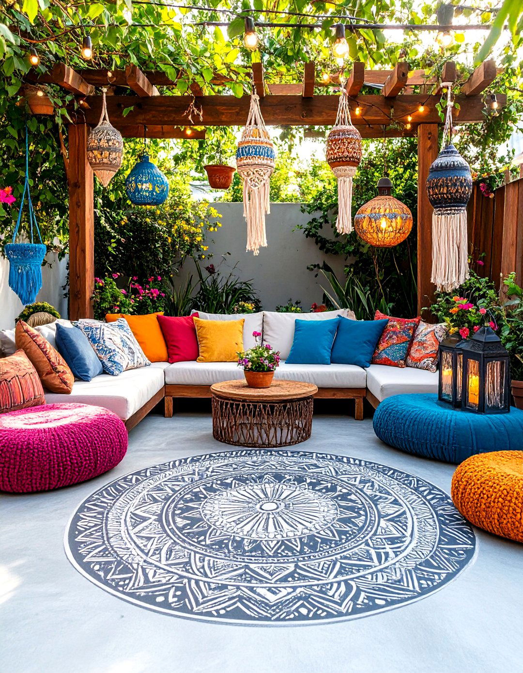 A Bohemian Stenciled Mandala Patio - 30 inexpensive ways to cover concrete patio ideas
