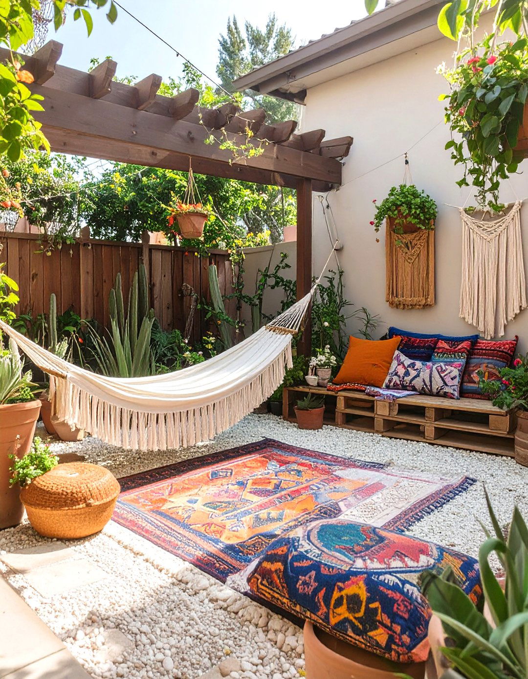 A Bohemian Style Mixed Media Yard - 30 budget backyard ideas no grass