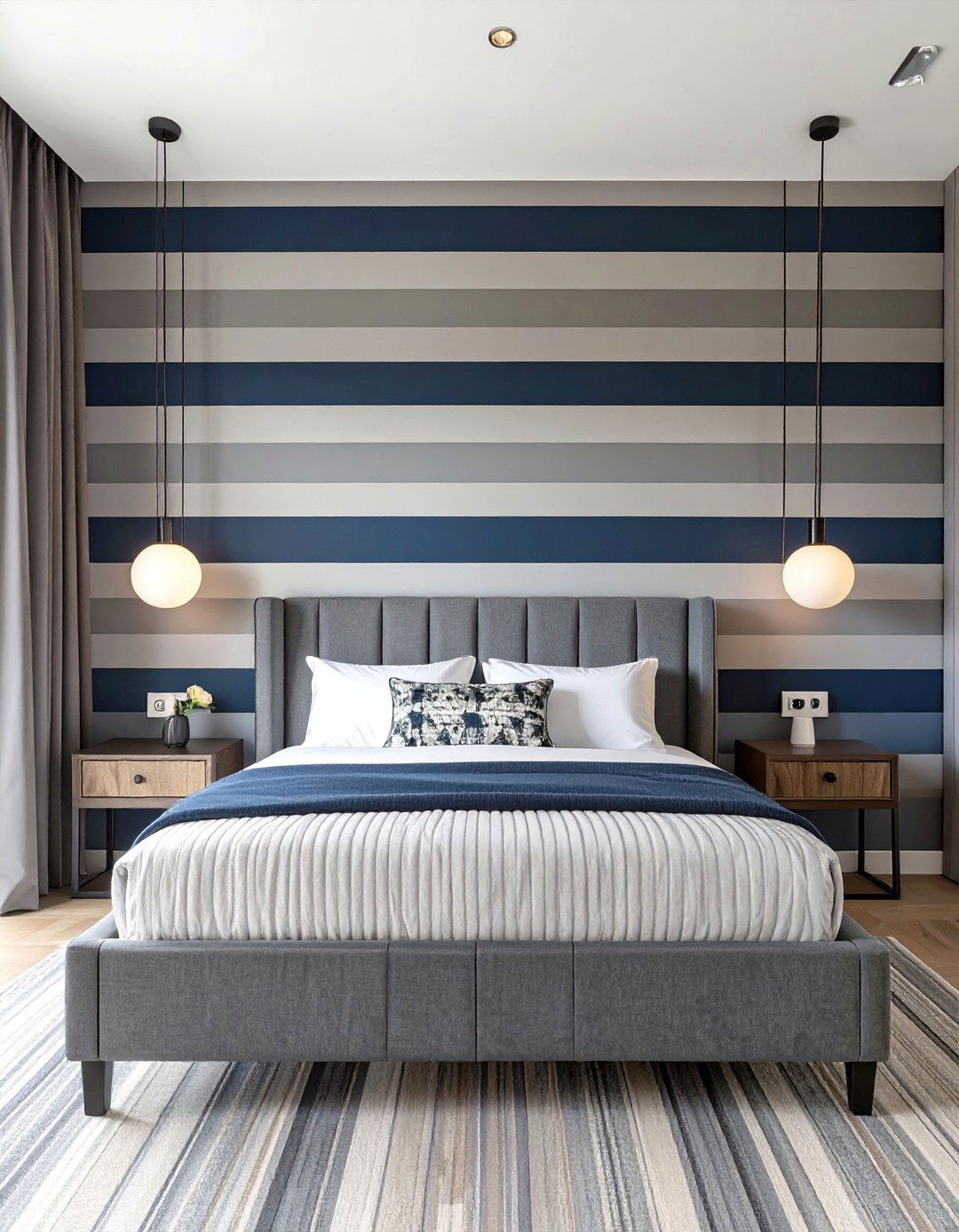 A Bold Striped Bedroom - 30 navy blue and grey bedroom ideas