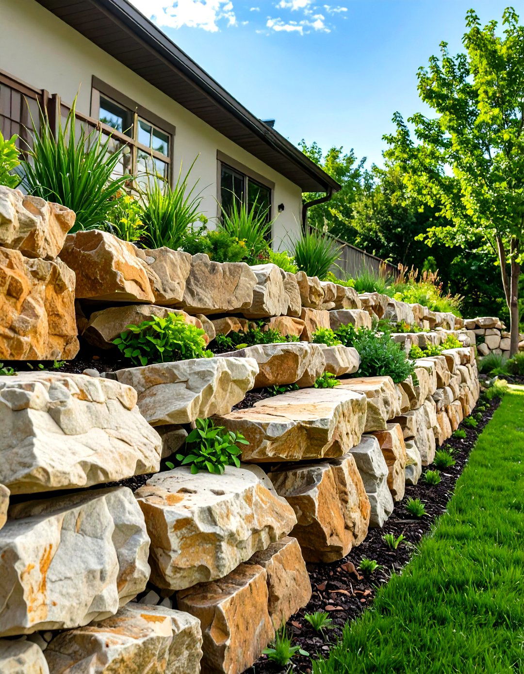 A Boulder Retaining Wall - 30 sloped backyard ideas
