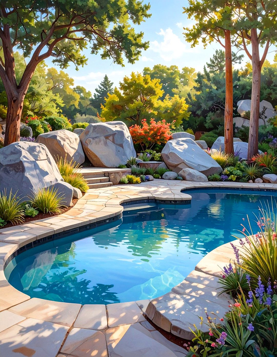 A Boulder Strewn Naturalistic Pool Landscape - 30 low maintenance pool landscape design ideas