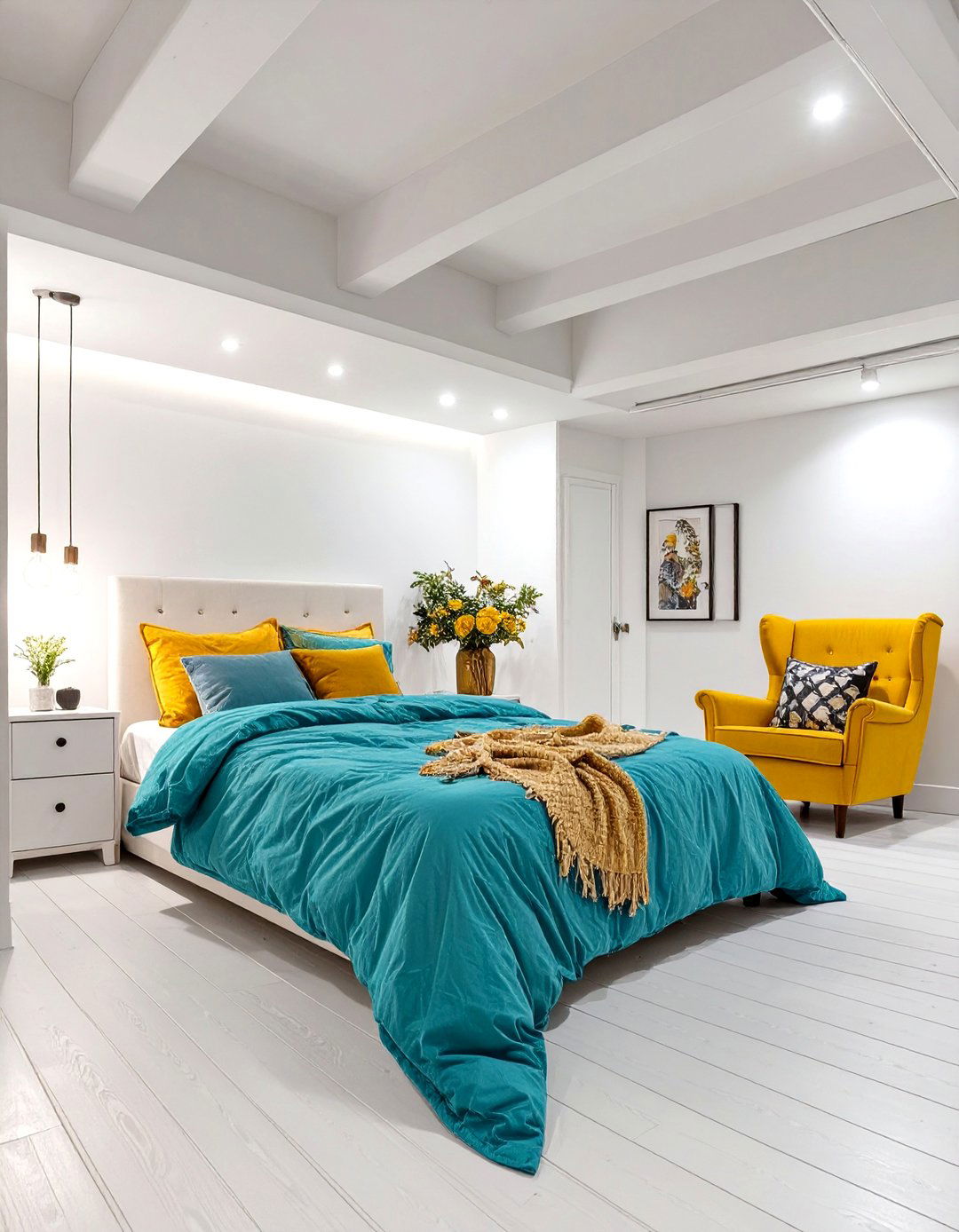 A Bright White Basement Bedroom with Color Pops - 30 basement bedroom ideas