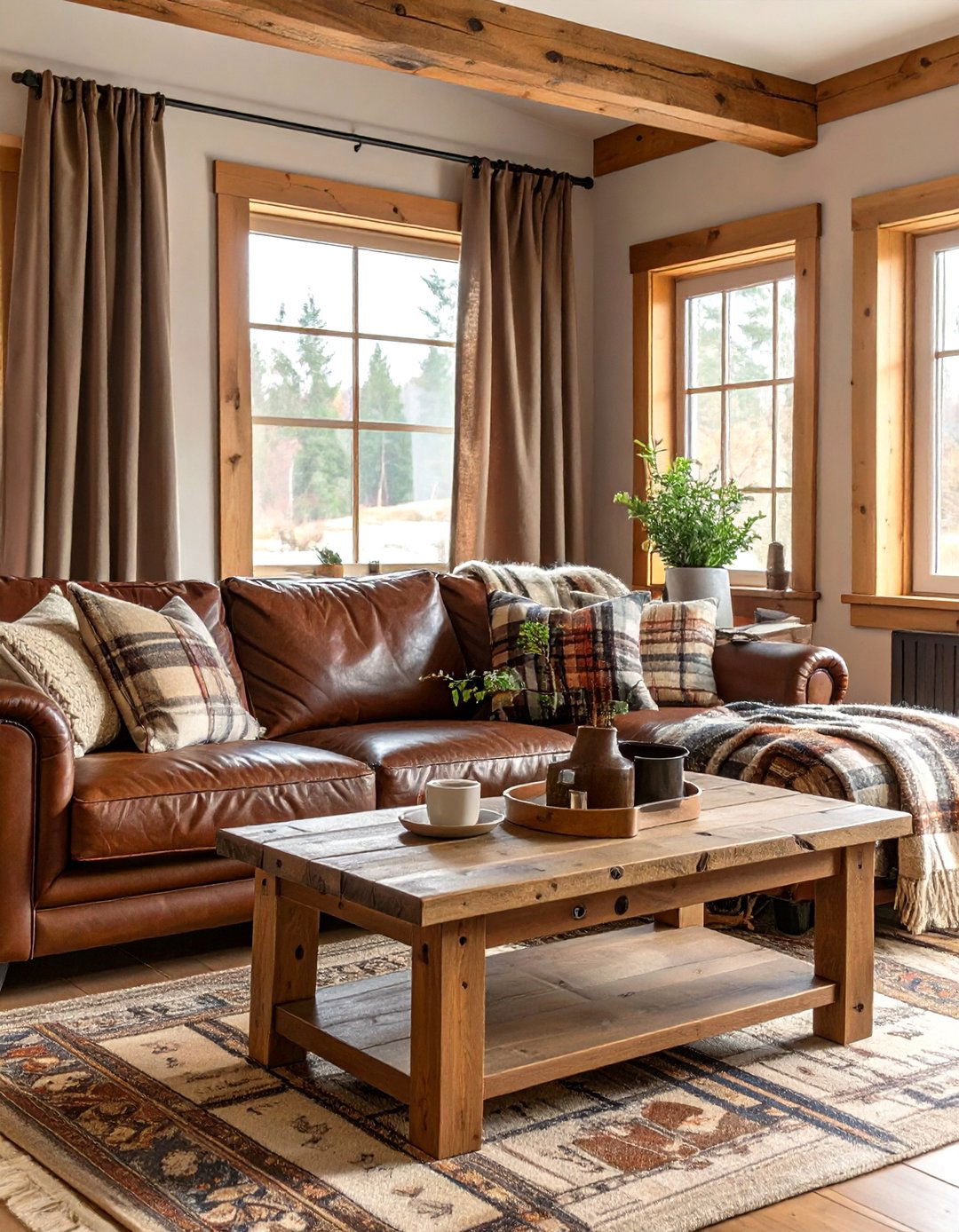 A Brown Living Room with Leather and Plaid - 30 brown living room ideas
