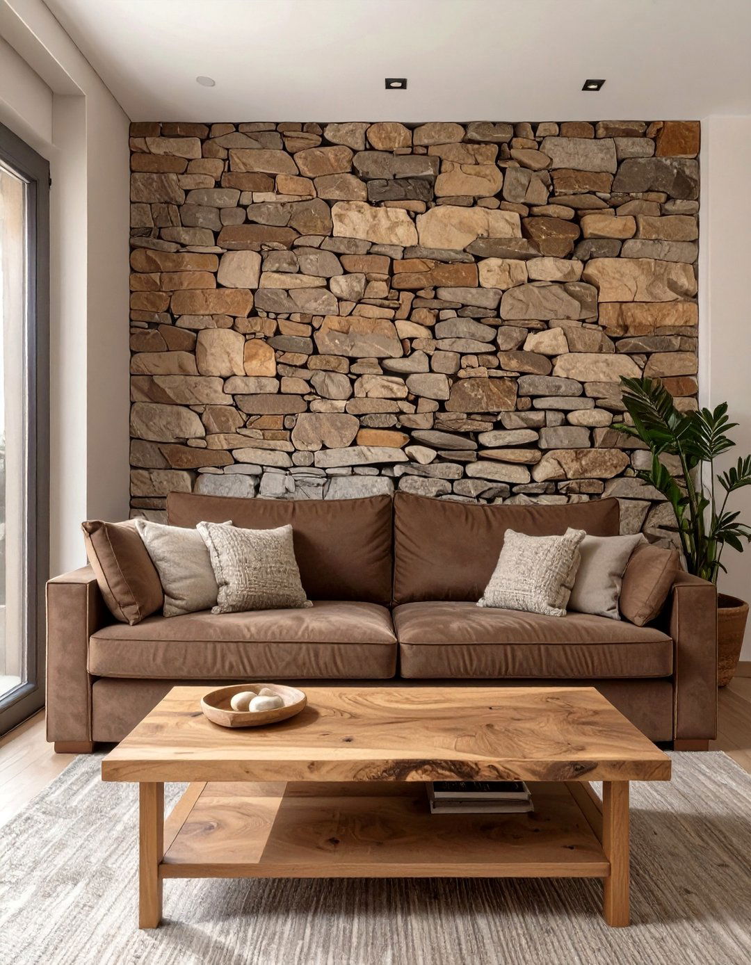 A Brown Living Room with Natural Stone - 30 brown living room ideas