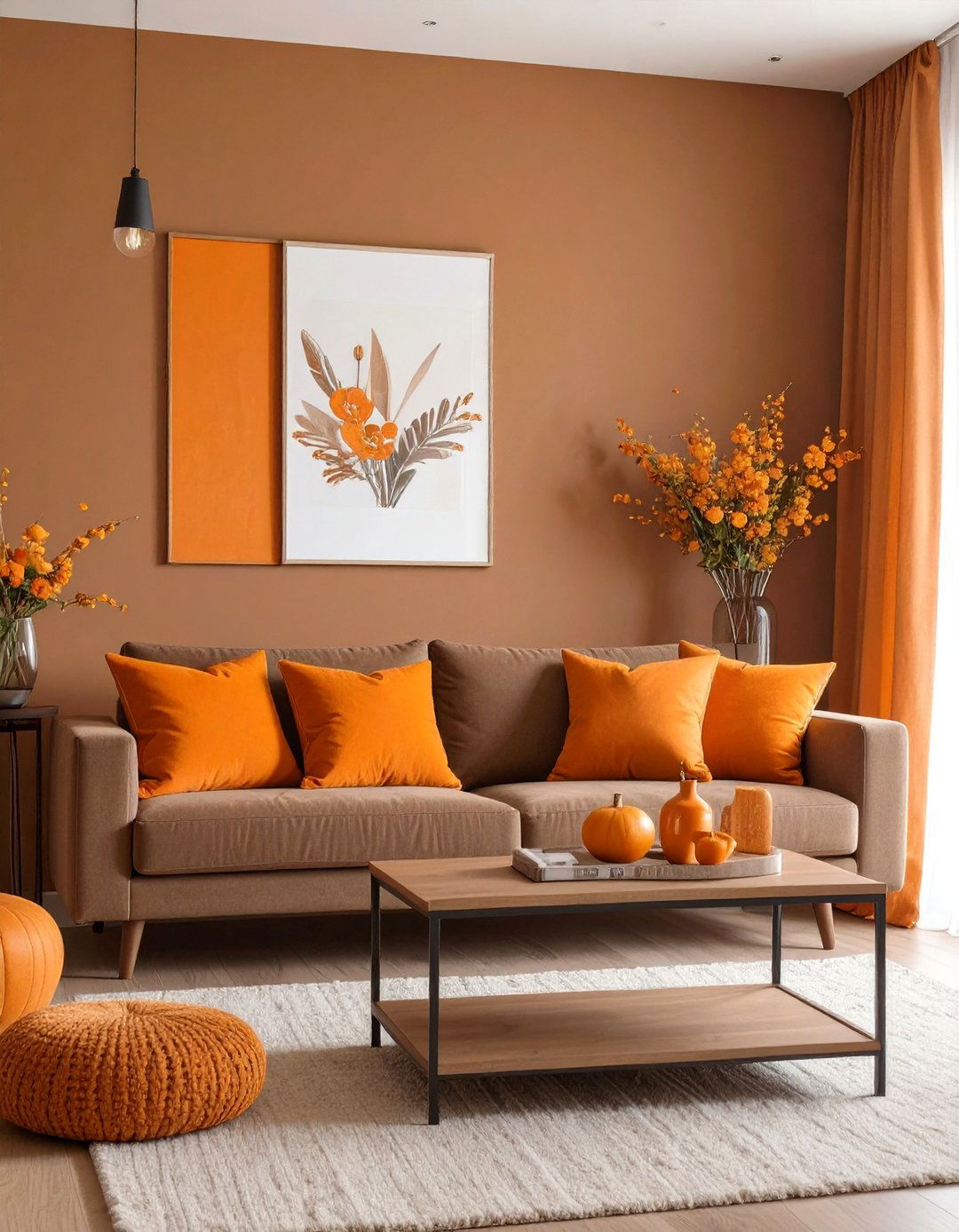A Brown Living Room with Pops of Orange - 30 brown living room ideas