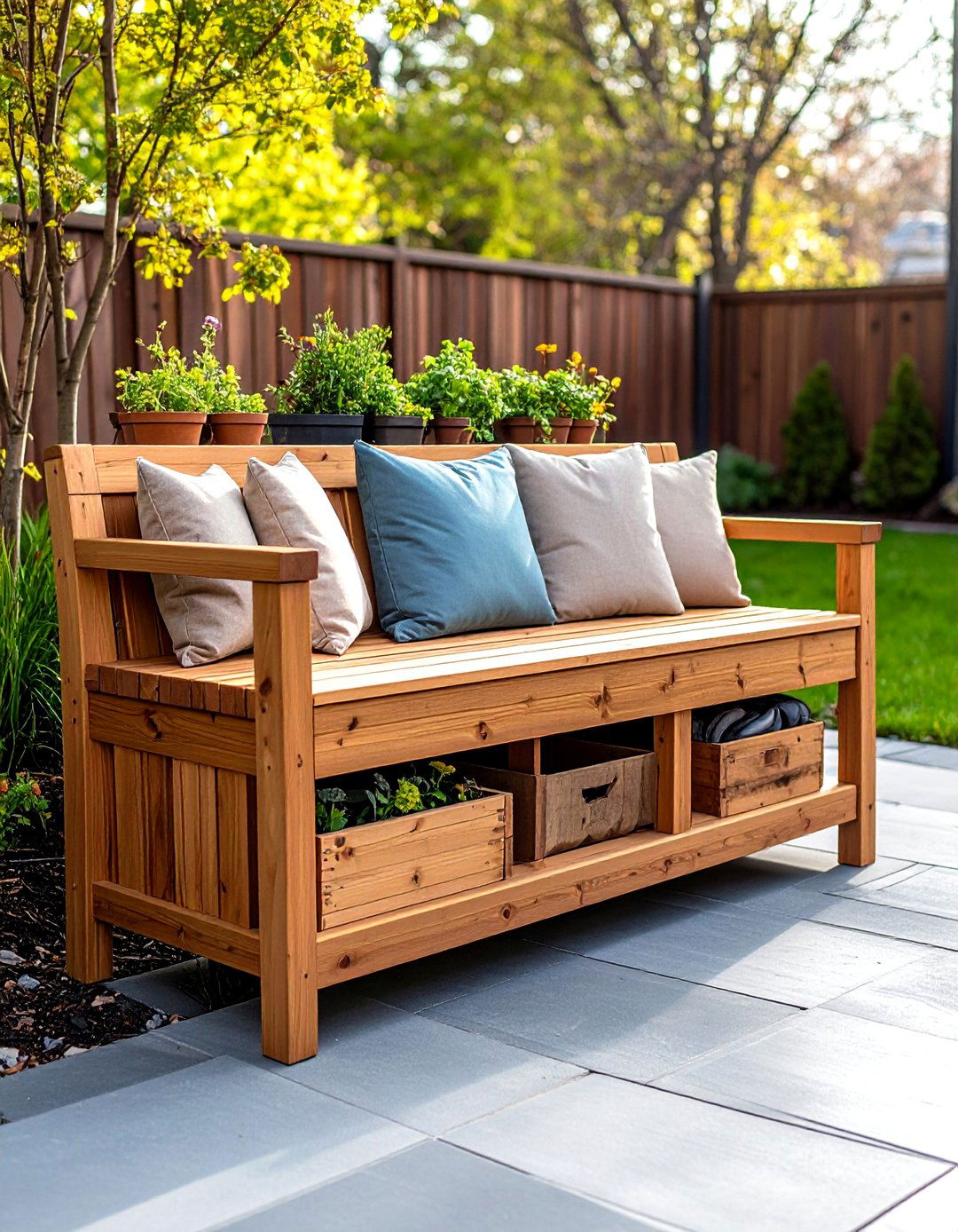 A Built In Garden Bench with Hidden Storage - 30 garden tool storage ideas