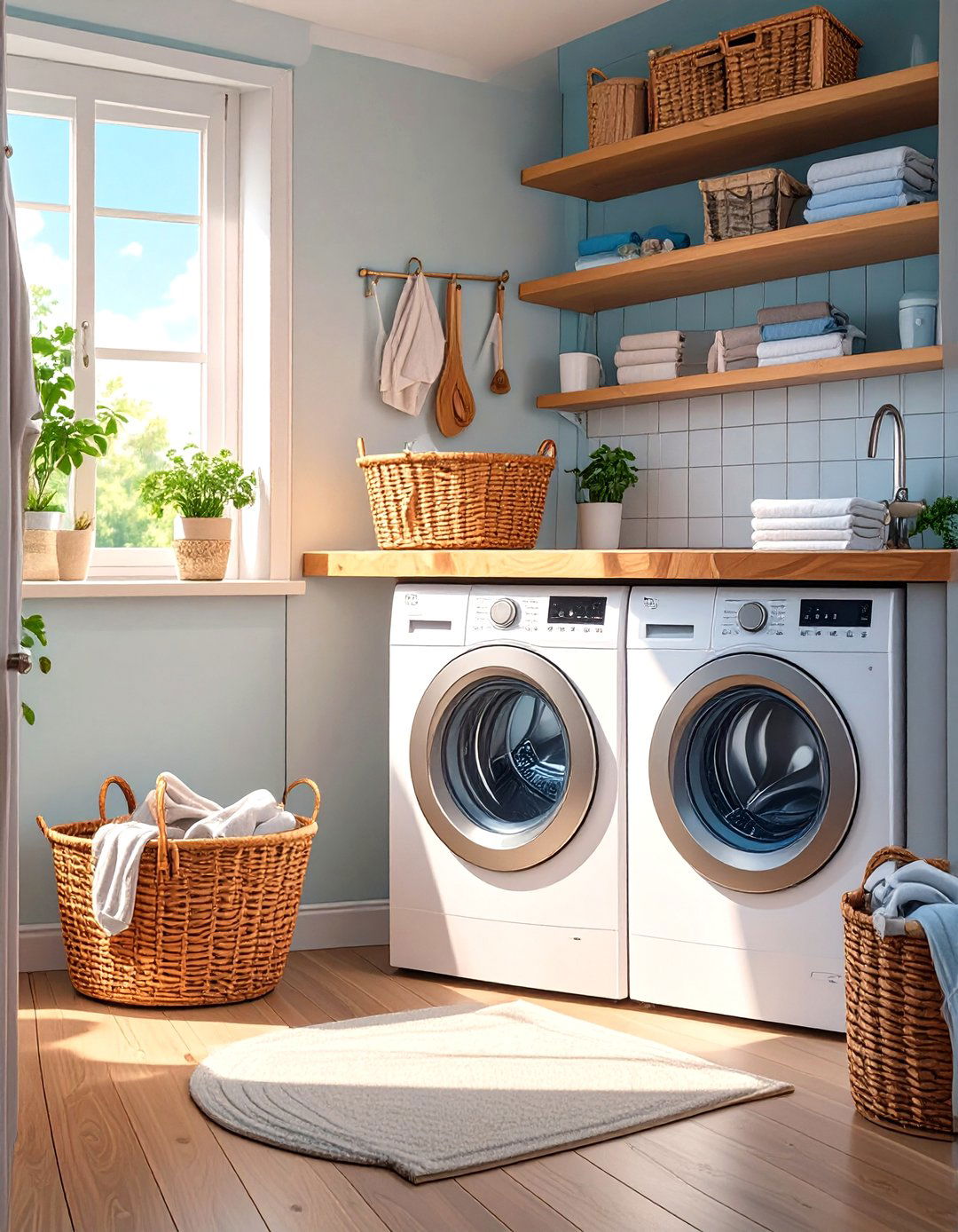 A Butcher Block Countertop Over Appliances - 30 tiny laundry room ideas