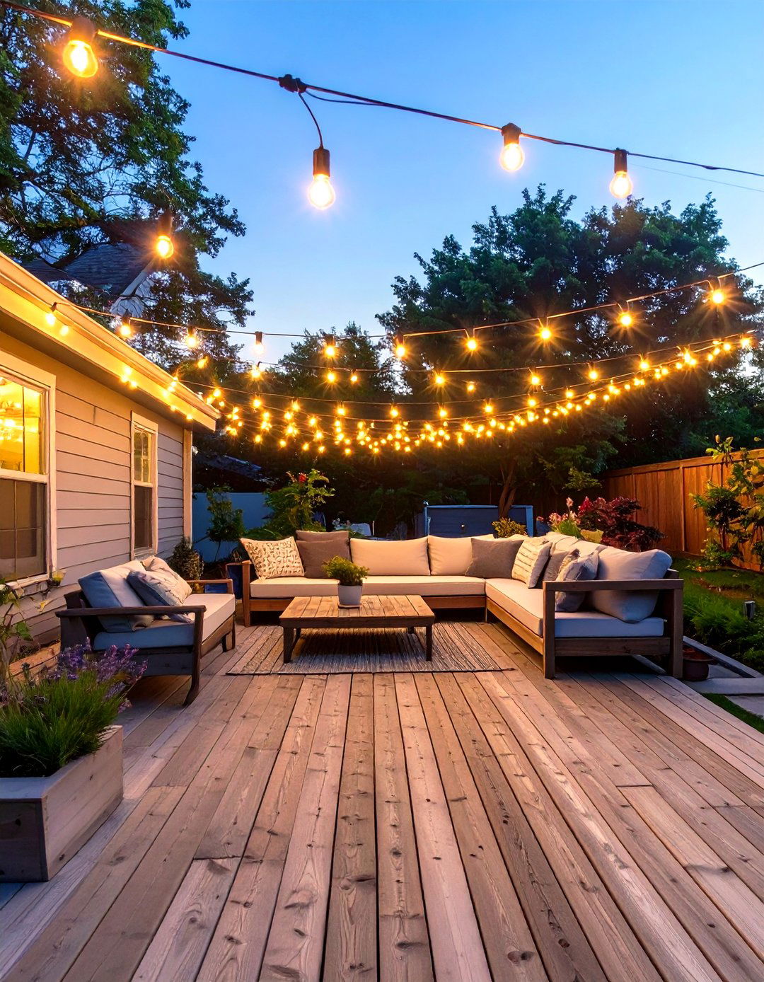 A Canopy of Outdoor String Lights - 30 small backyard landscaping ideas