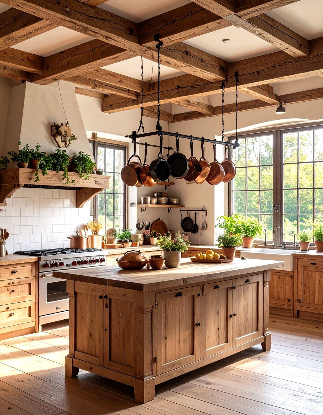 A Ceiling Mounted Pot Rack - 30 rustic kitchen ideas