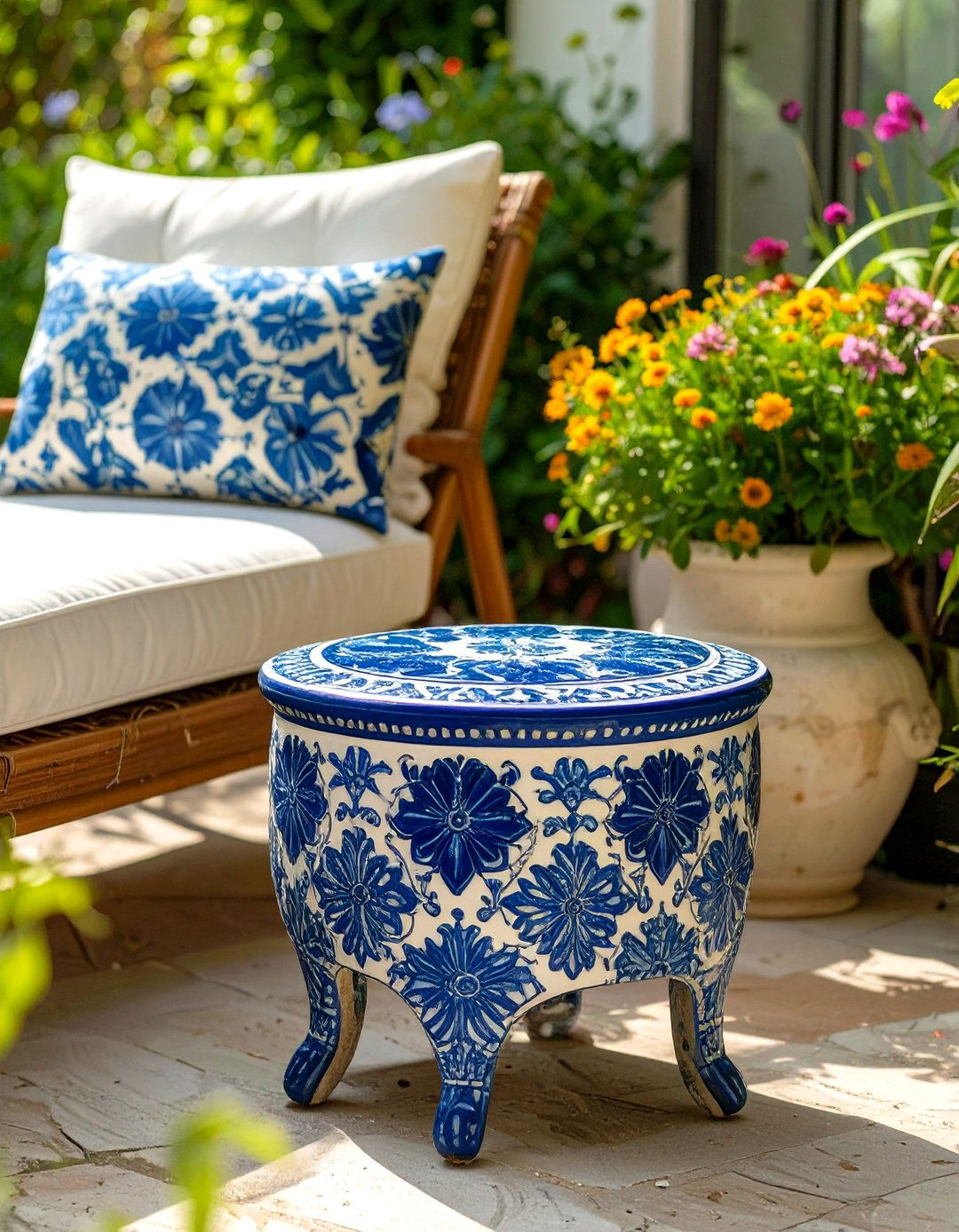 A Ceramic Garden Stool as a Side Table - 30 small patio furniture ideas